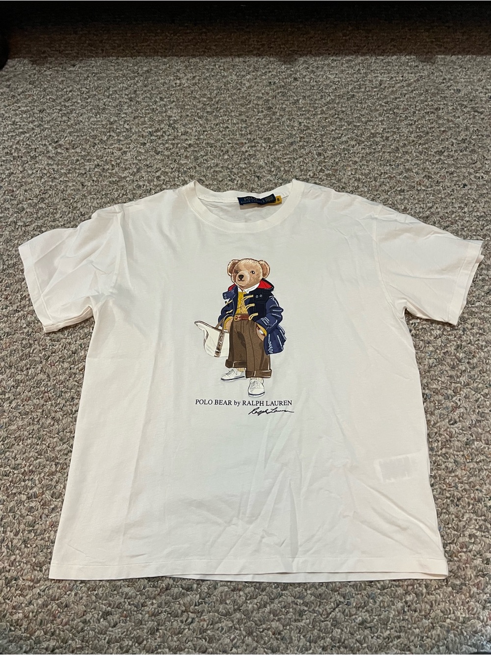 Ralph Lauren unisex Polo Bear Tee in white with Navy & Brown Graphic